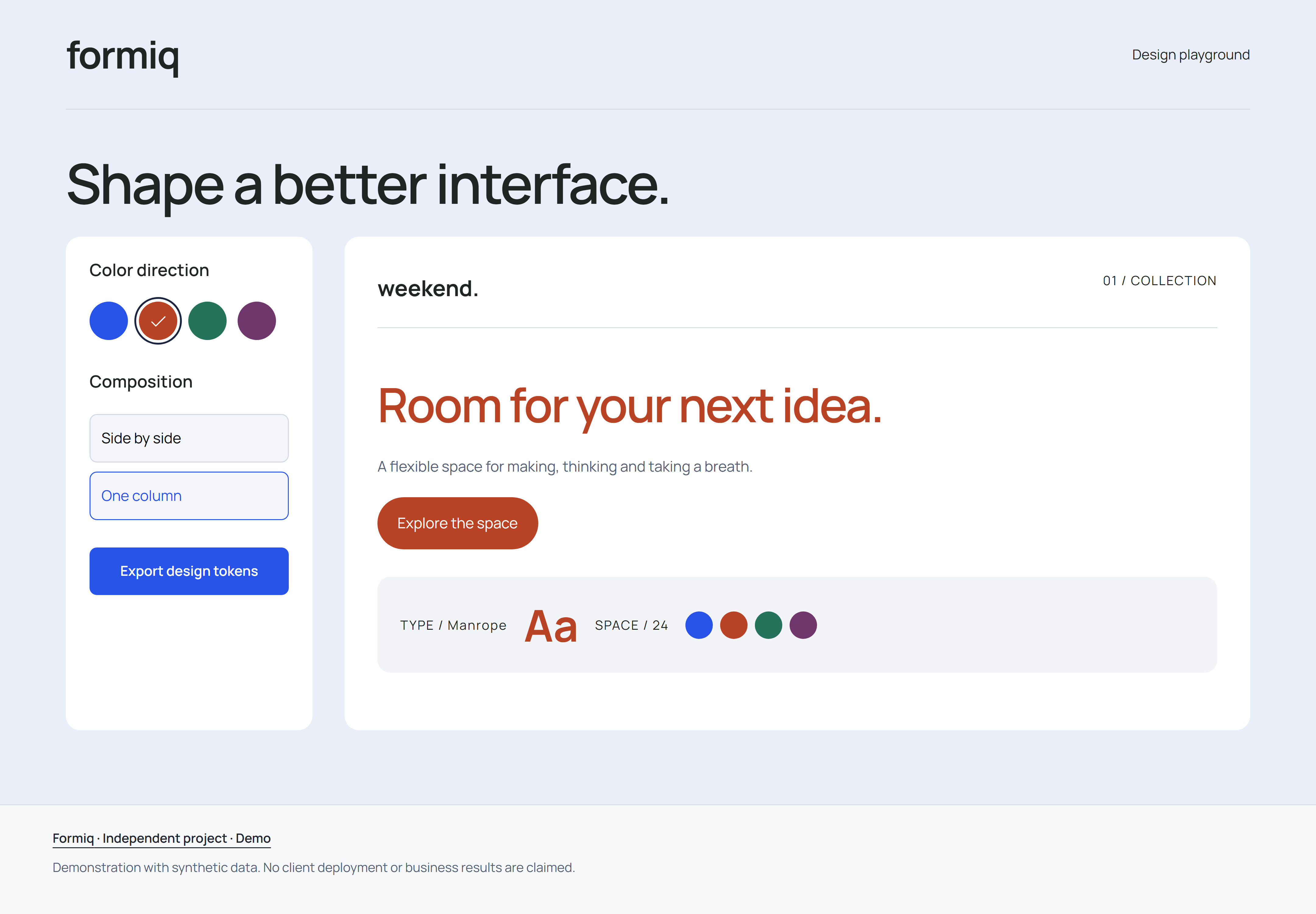 Formiq: Interface screenshot from the working original demo