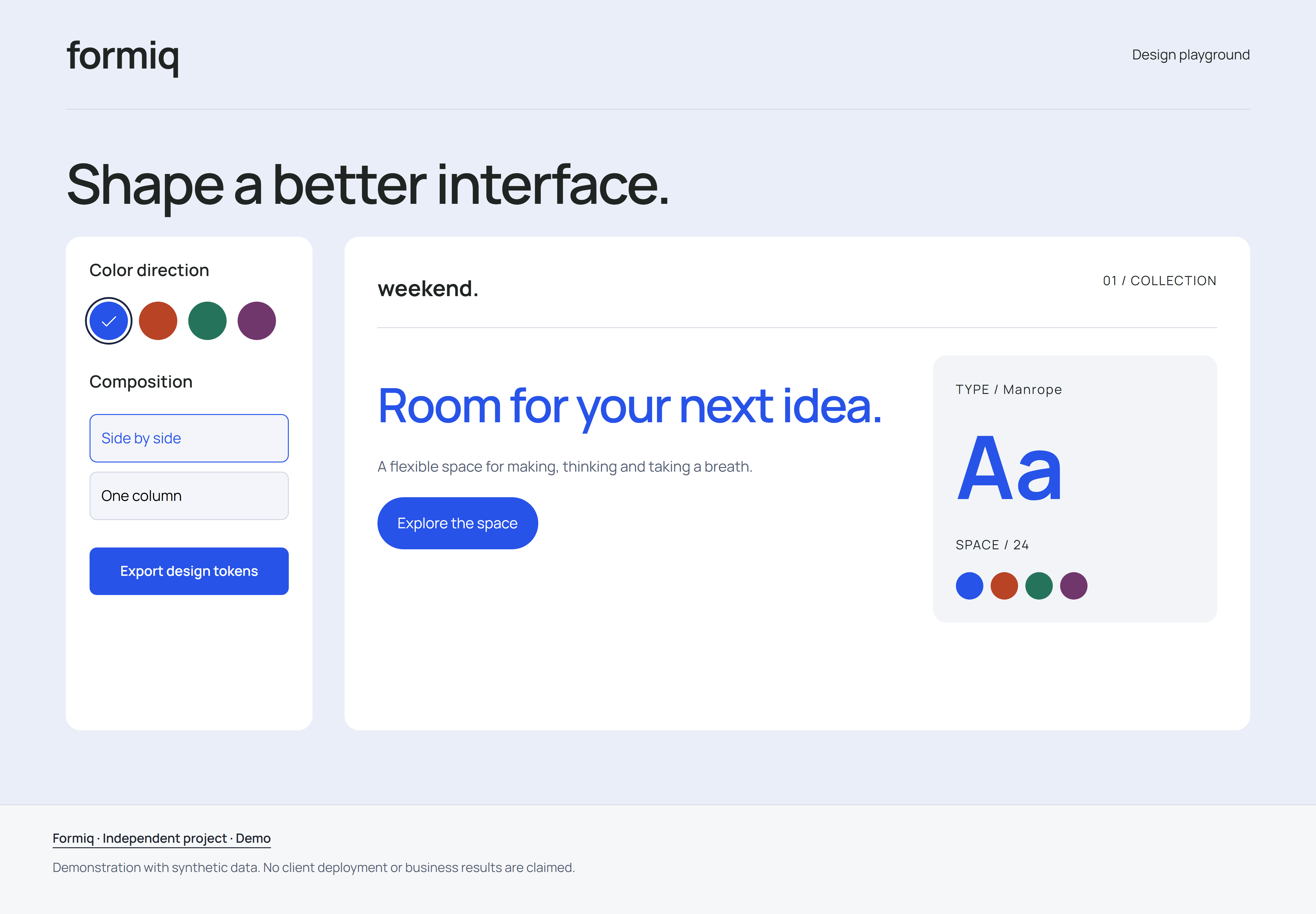 Formiq: Interface screenshot from the working original demo (1)