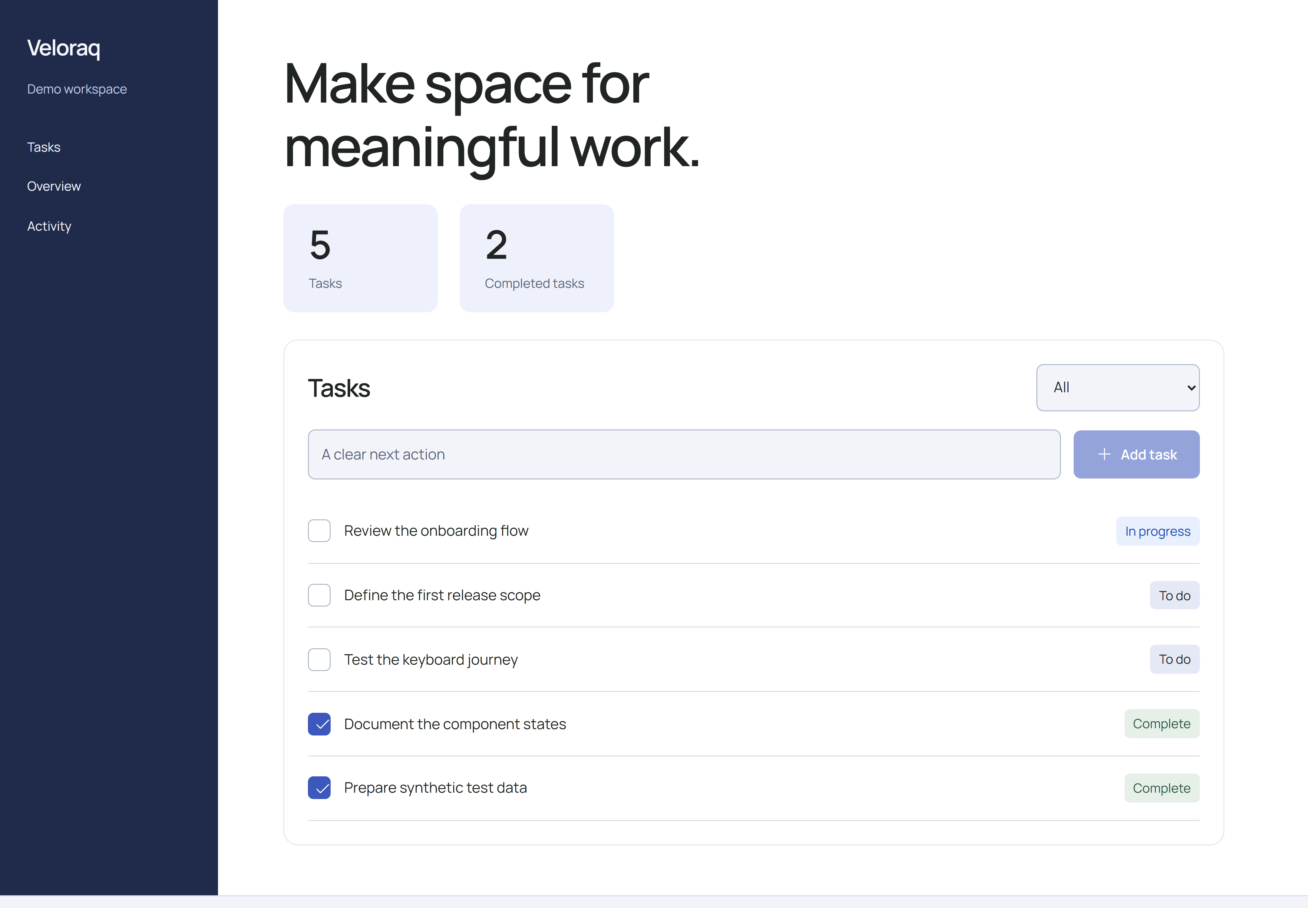 Veloraq: Interface screenshot from the working original demo